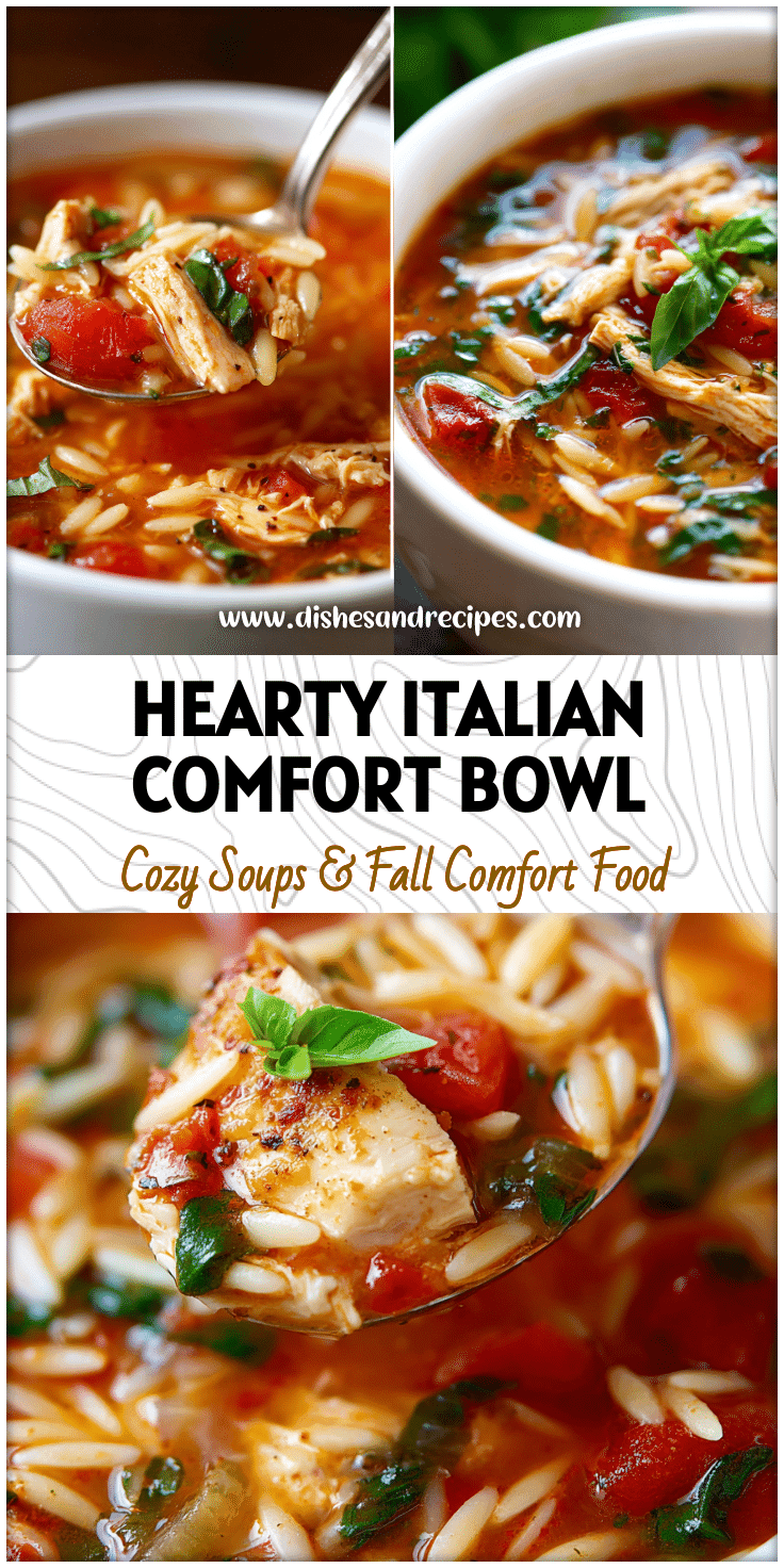 Close-up of Tomato Basil Chicken Orzo Soup in a white bowl showing chicken, basil, and pasta in flavorful broth.